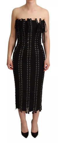 Dolce & Gabbana Black Cady Sleeveless Lace Up Bodycon Women's Dress