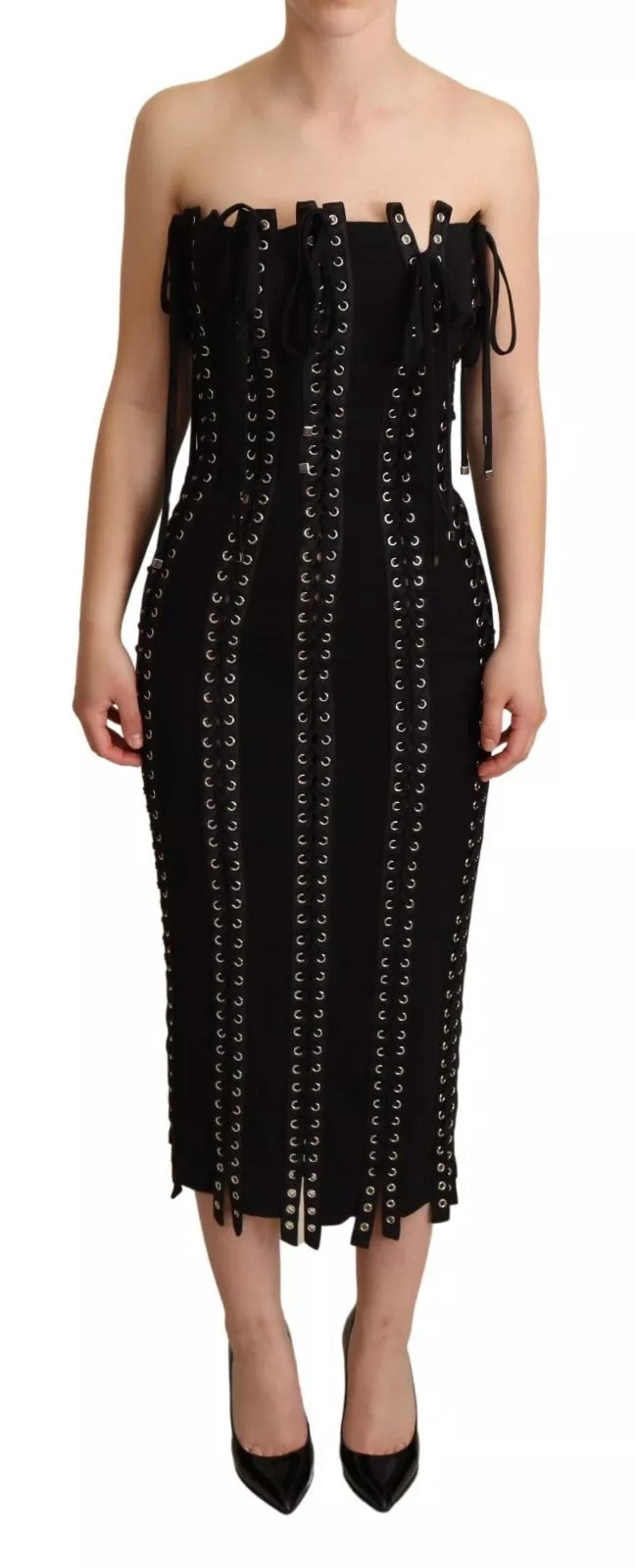 Dolce & Gabbana Black Cady Sleeveless Lace Up Bodycon Women's Dress