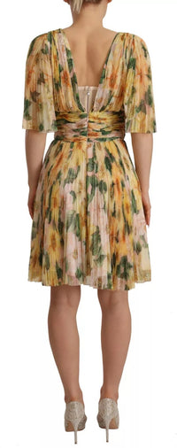 Dolce & Gabbana Yellow Floral Print Pleated Maxi Women's Dress