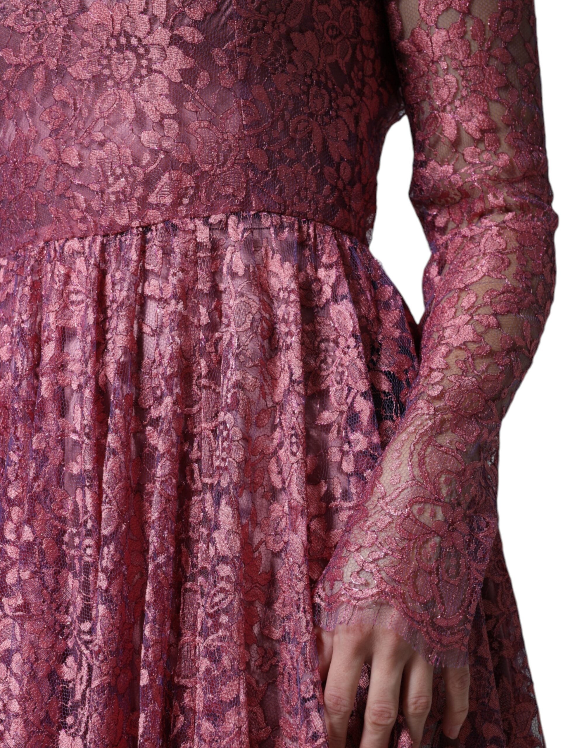 Dolce & Gabbana Pink Floral Lace Long Sleeve Midi Women's Dress