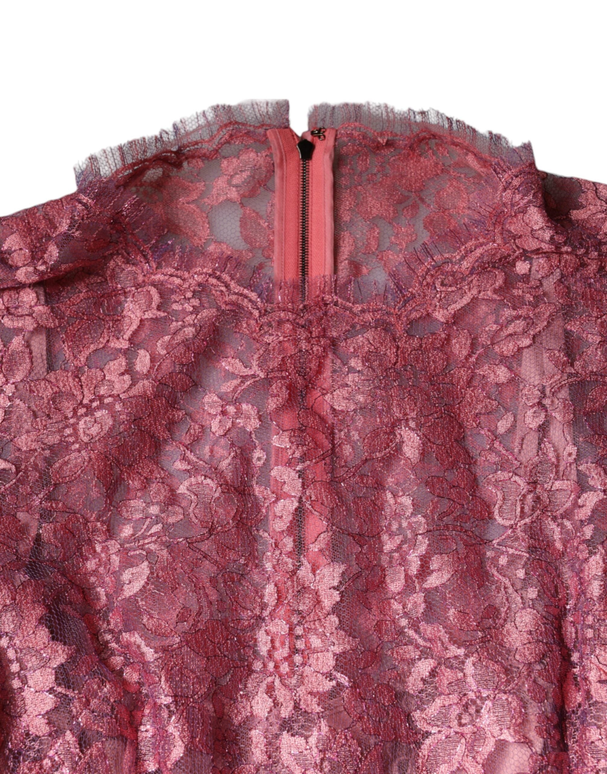 Dolce & Gabbana Pink Floral Lace Long Sleeve Midi Women's Dress