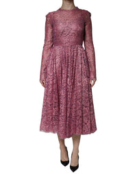 Dolce & Gabbana Pink Floral Lace Long Sleeve Midi Women's Dress