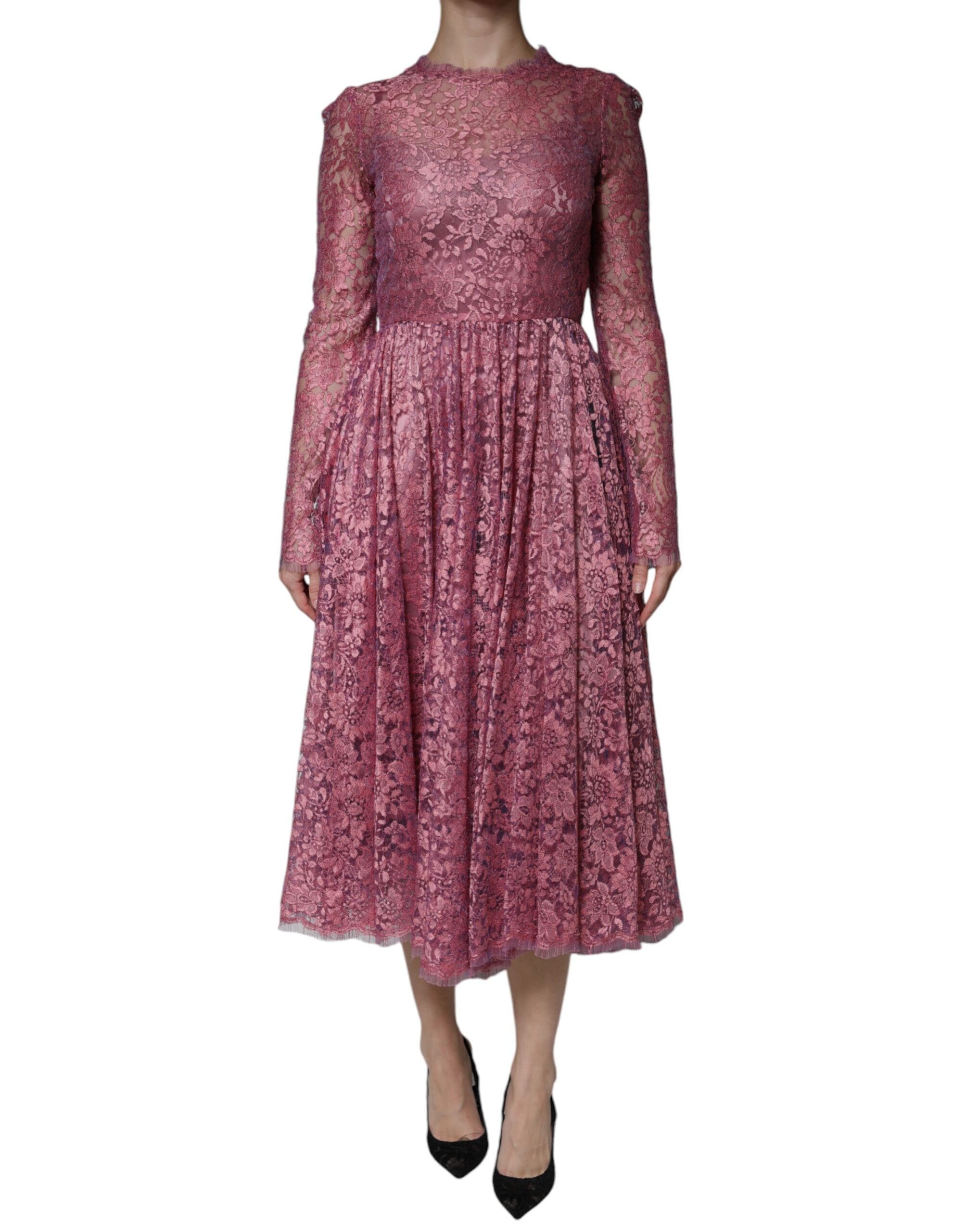 Dolce & Gabbana Pink Floral Lace Long Sleeve Midi Women's Dress