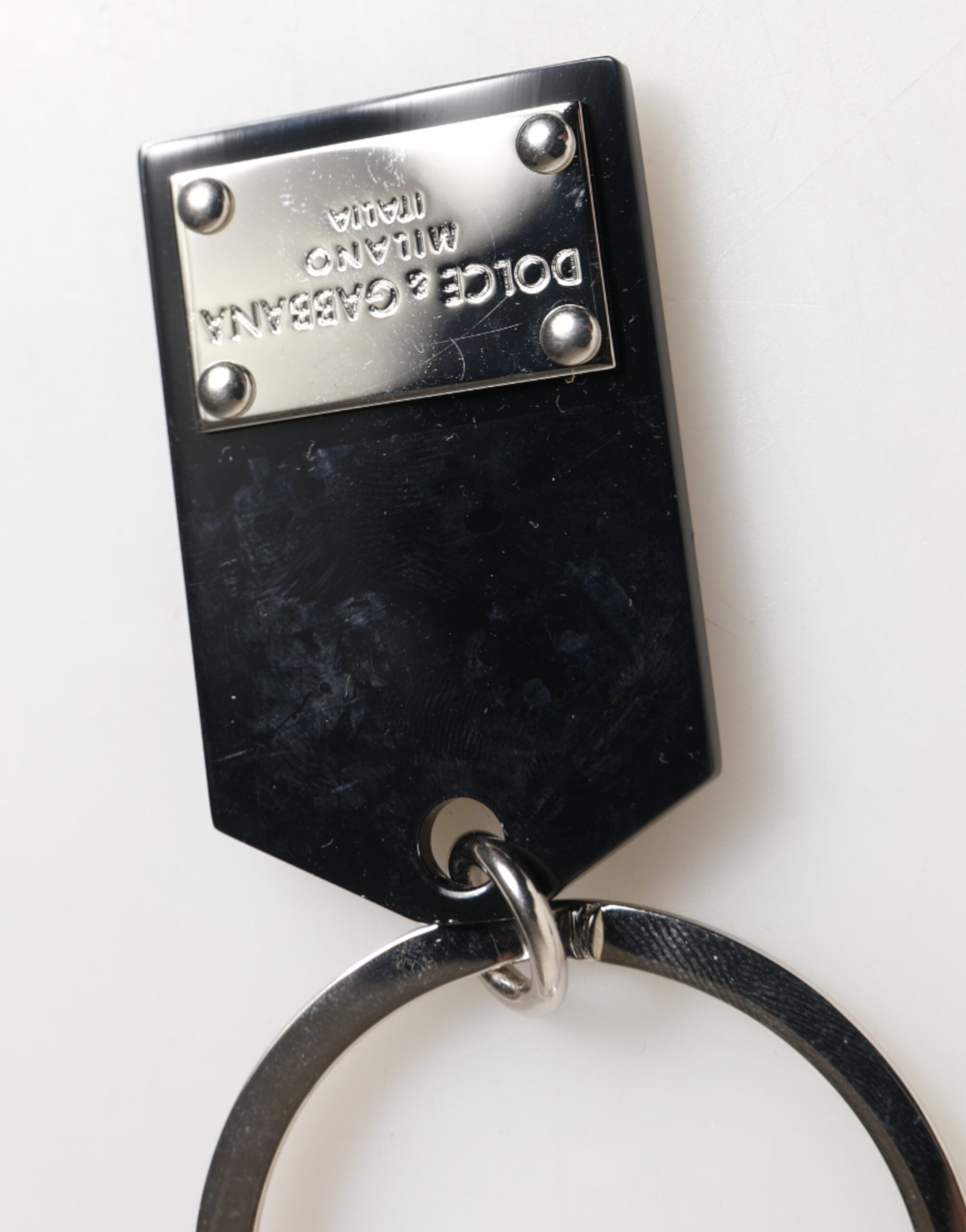 Dolce & Gabbana Dolce & Gabbana Black Sint Glass Plaque DG Logo Metal PlateKeychain Men's Keyring