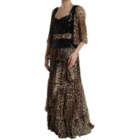 Dolce & Gabbana Leopard Print Silk Sequin Ruffle Maxi Women's Dress