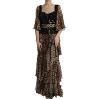 Dolce & Gabbana Leopard Print Silk Sequin Ruffle Maxi Women's Dress