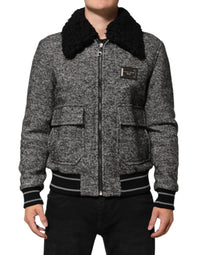 Dolce & Gabbana Gray Wool Herringbone Shearling Collar Bomber Men's Jacket