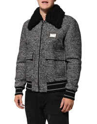 Dolce & Gabbana Gray Wool Herringbone Shearling Collar Bomber Men's Jacket