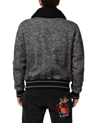Dolce & Gabbana Gray Wool Herringbone Shearling Collar Bomber Men's Jacket