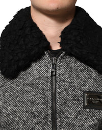 Dolce & Gabbana Gray Wool Herringbone Shearling Collar Bomber Men's Jacket