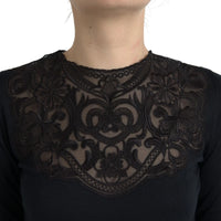 Dolce & Gabbana Black Silk Lace Trim Long Sleeves Blouse Women's Top
