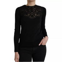 Dolce & Gabbana Black Silk Lace Trim Long Sleeves Blouse Women's Top