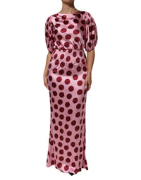 Dolce & Gabbana Pink Red Polka Dot Silk Satin Maxi Gown Women's Dress