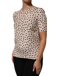 Dolce & Gabbana Beige Black Polka Dot Silk Short Sleeve Blouse Women's Top
