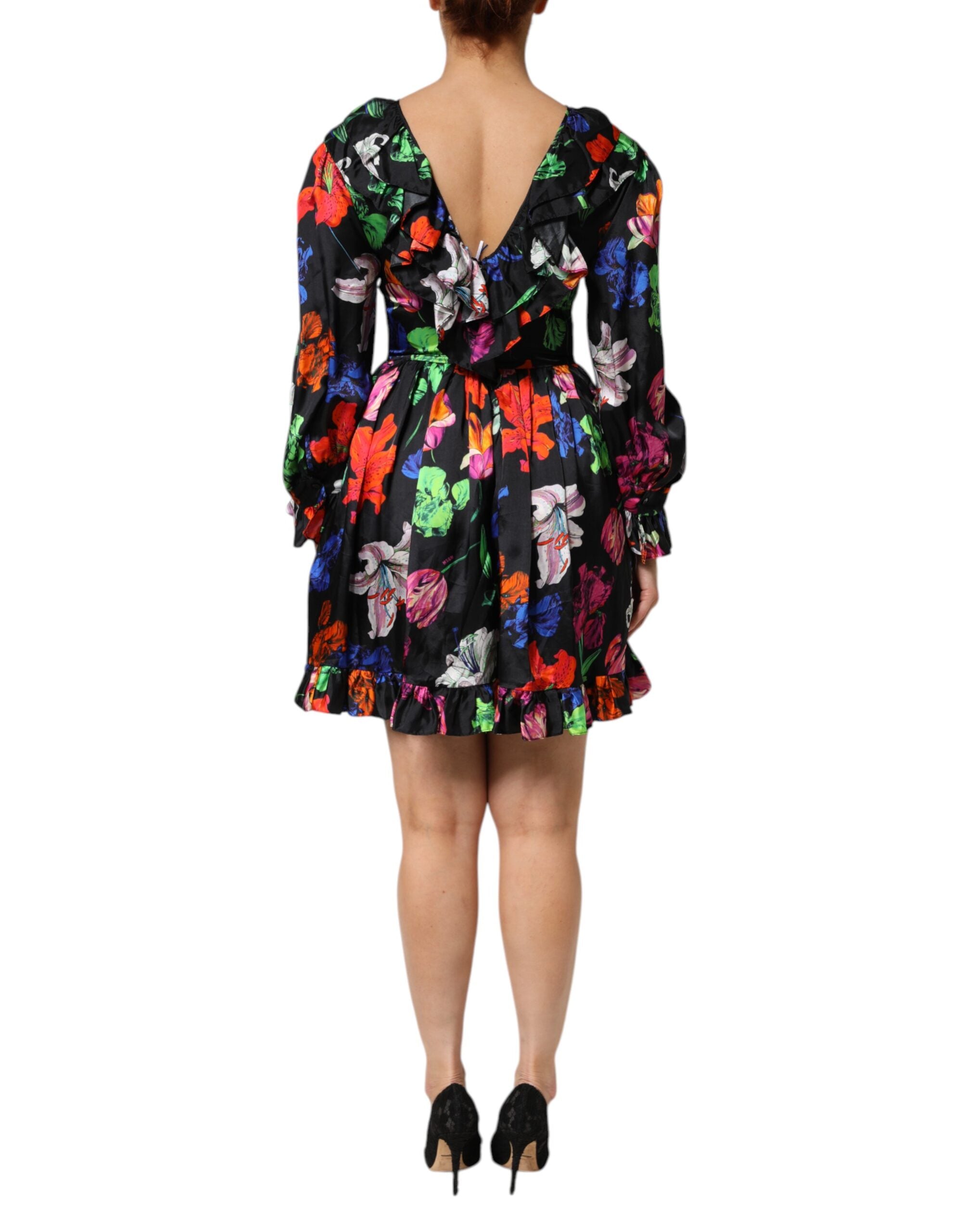MSGM Women's Black Multicolor Floral Ruffle Long Sleeve Mini Women's D   Bluefly
