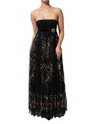 Dolce & Gabbana Black Floral Key Print Crystal Strapless Women's Dress