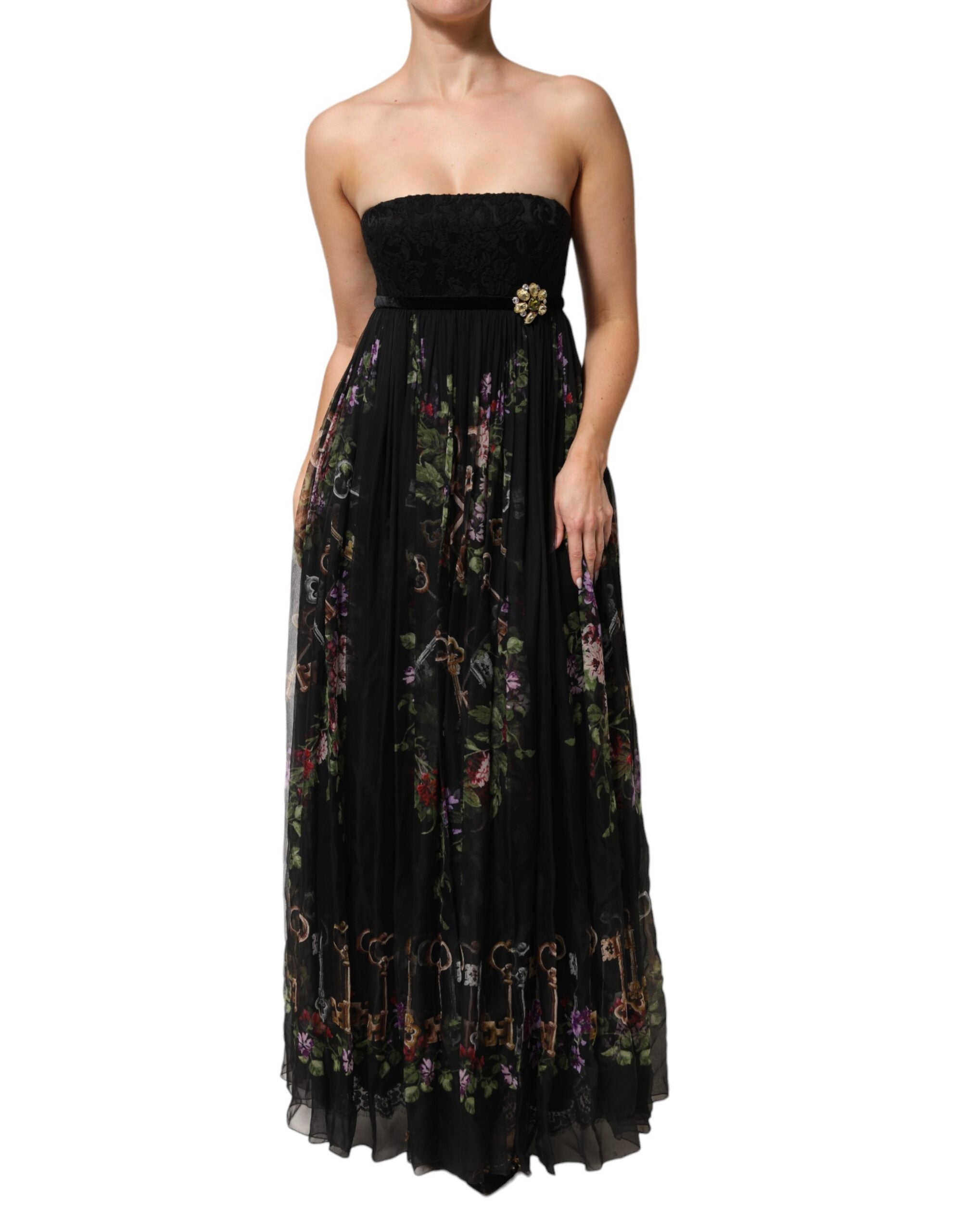 Dolce & Gabbana Black Floral Key Print Crystal Strapless Women's Dress