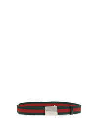 Gucci Men Web Ribbon Belt With Rectangular Buckle