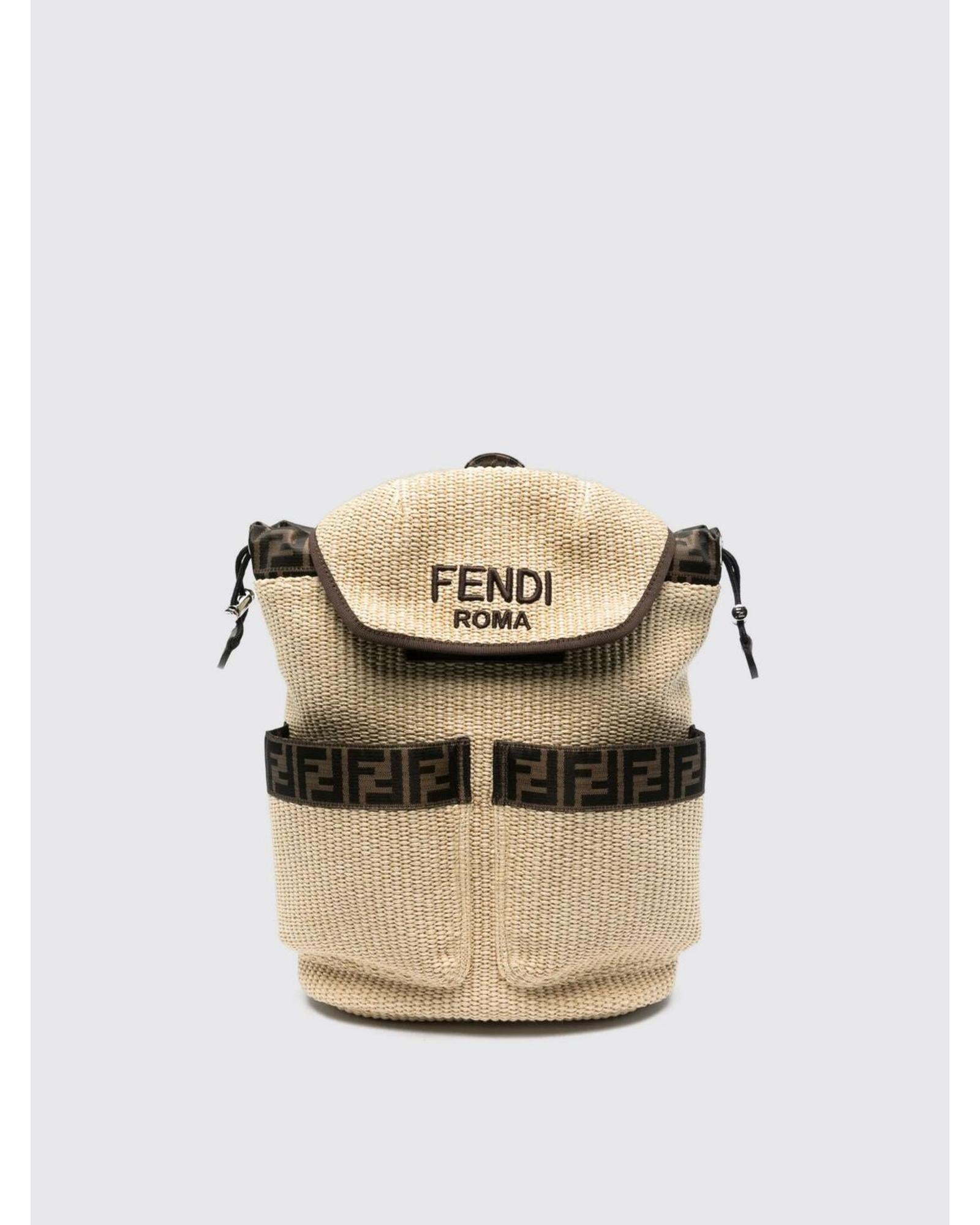 Fendi Raffia Backpack FF Motif Kids Natural Duffel Bags