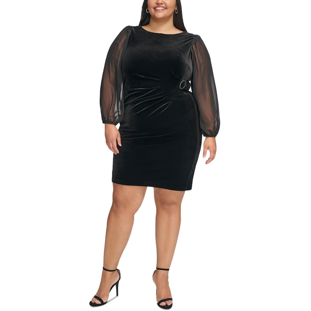 Plus Womens Velvet Chiffon Sleeve Cocktail And Party Dress