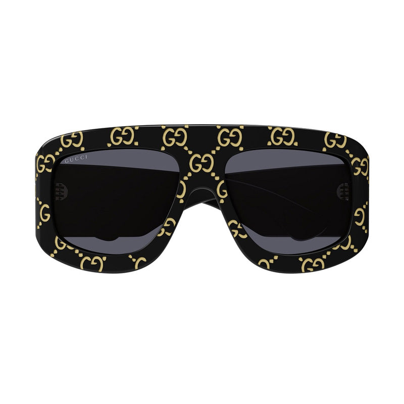 Gucci Gucci Sunglasses Square Full Rim, Black With Gold GG Pattern Frame and Grey Lens GG0983S004