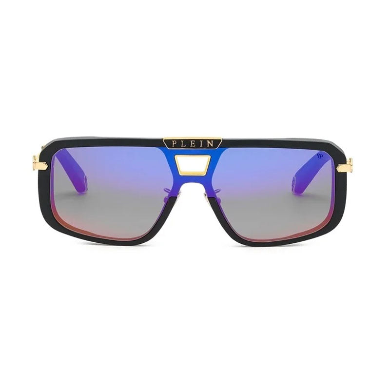 Philipp Plein Sunglasses Aviator Full Rim, Black Frame and Smoke Rainbow Mirror Lens SPP008M703V