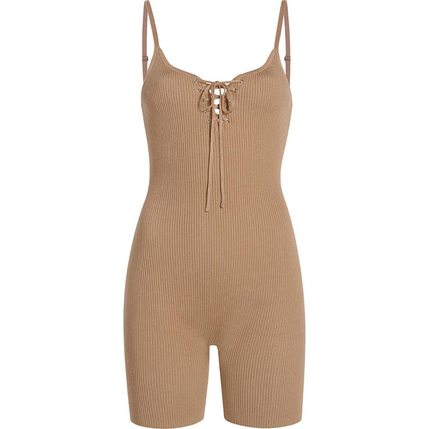 Womens Lace-Up Ribbed Romper