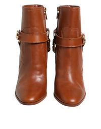 Dolce & Gabbana Brown Leather DG Logo Buckle Ankle Boots Women's Shoes