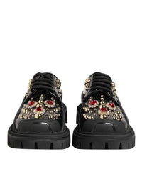 Dolce & Gabbana Black Leather Jeweled Crystals Derby Women's Shoes