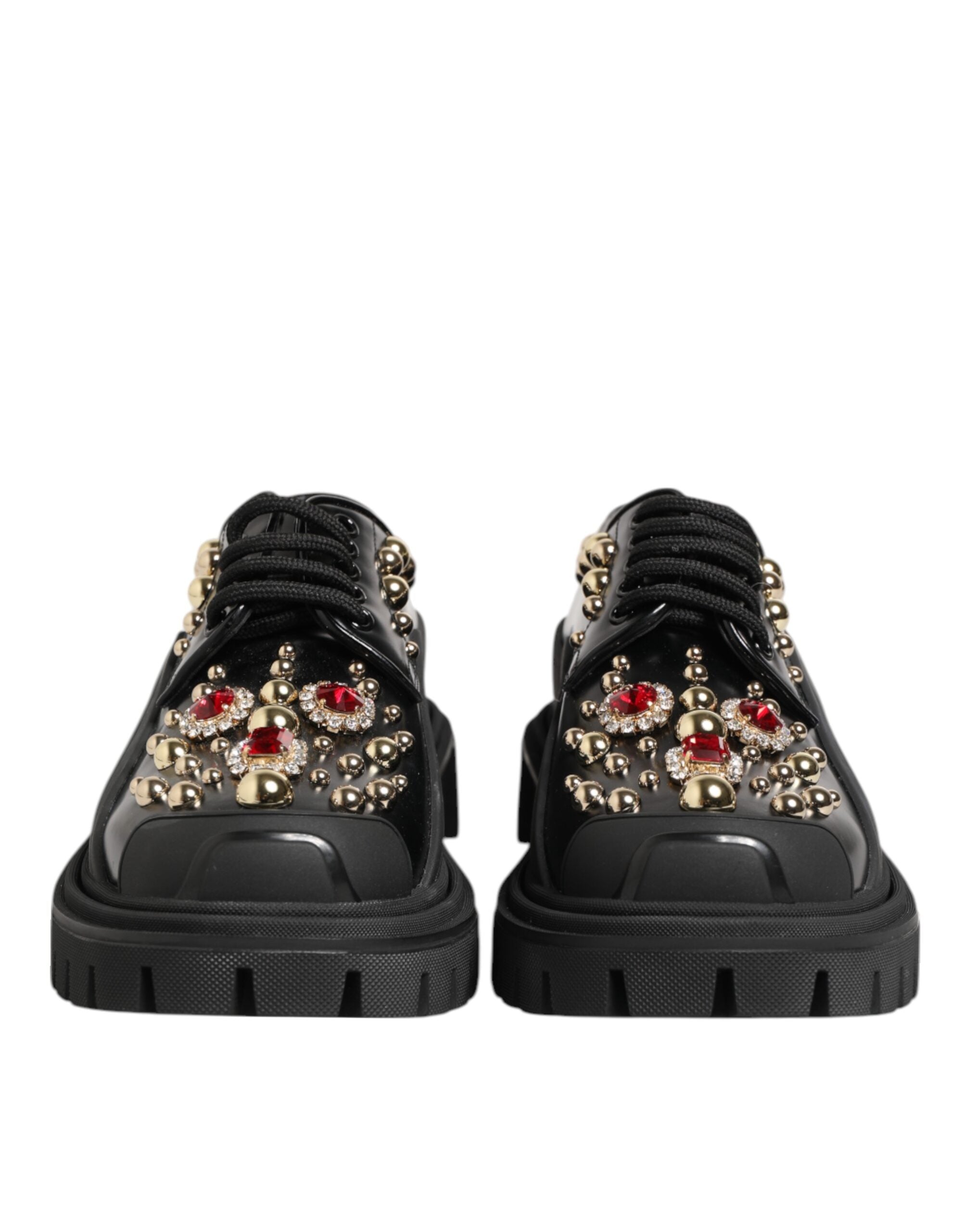 Dolce & Gabbana Black Leather Jeweled Crystals Derby Women's Shoes