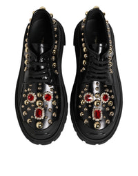 Dolce & Gabbana Black Leather Jeweled Crystals Derby Women's Shoes