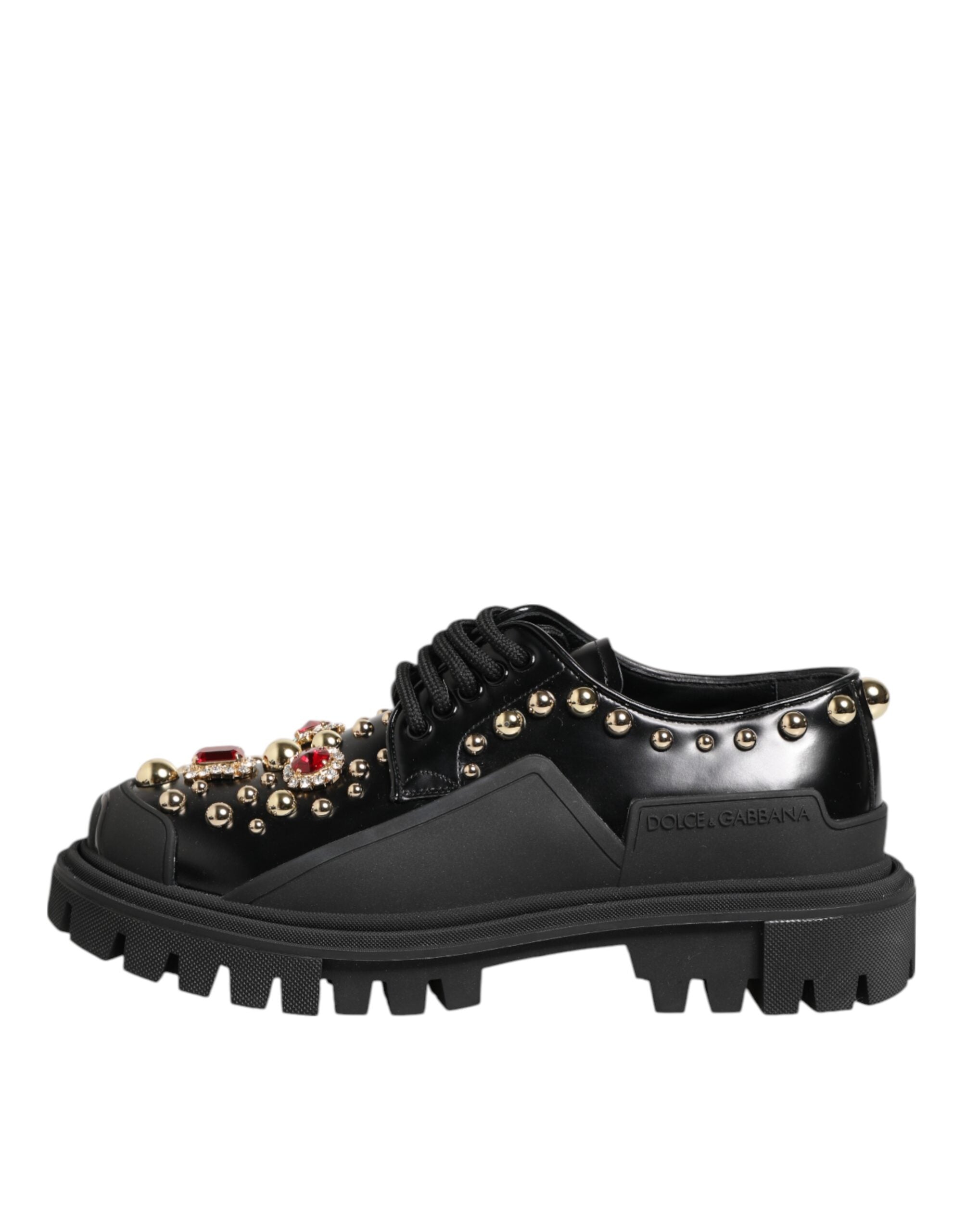 Dolce & Gabbana Black Leather Jeweled Crystals Derby Women's Shoes