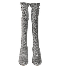 Dolce & Gabbana Women's Silver Sequins Glitter High Heel Boot Women's Shoes
