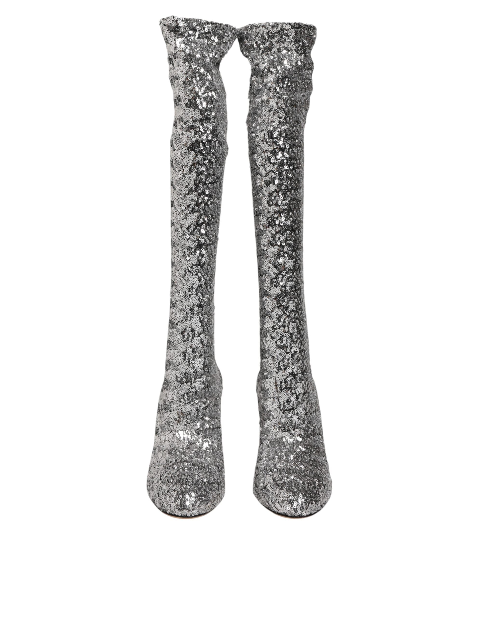 Dolce & Gabbana Women's Silver Sequins Glitter High Heel Boot Women's Shoes