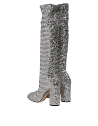 Dolce & Gabbana Women's Silver Sequins Glitter High Heel Boot Women's Shoes