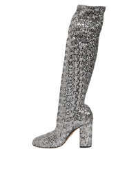 Dolce & Gabbana Women's Silver Sequins Glitter High Heel Boot Women's Shoes