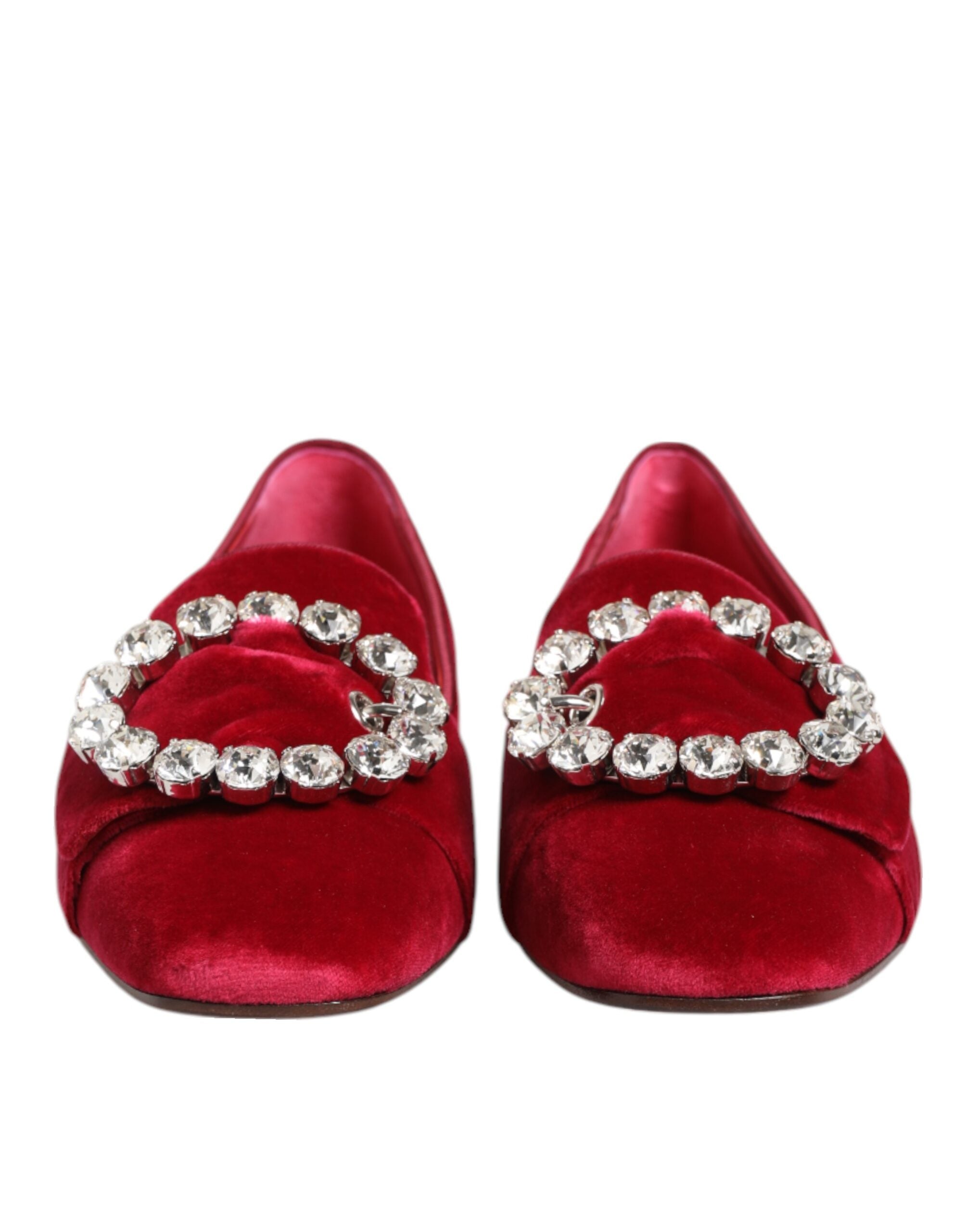 Dolce & Gabbana Dolce & Gabbana Red Velvet Crystal Buckle Loafers Flats Women's Shoes