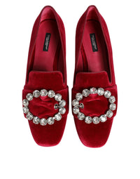 Dolce & Gabbana Dolce & Gabbana Red Velvet Crystal Buckle Loafers Flats Women's Shoes