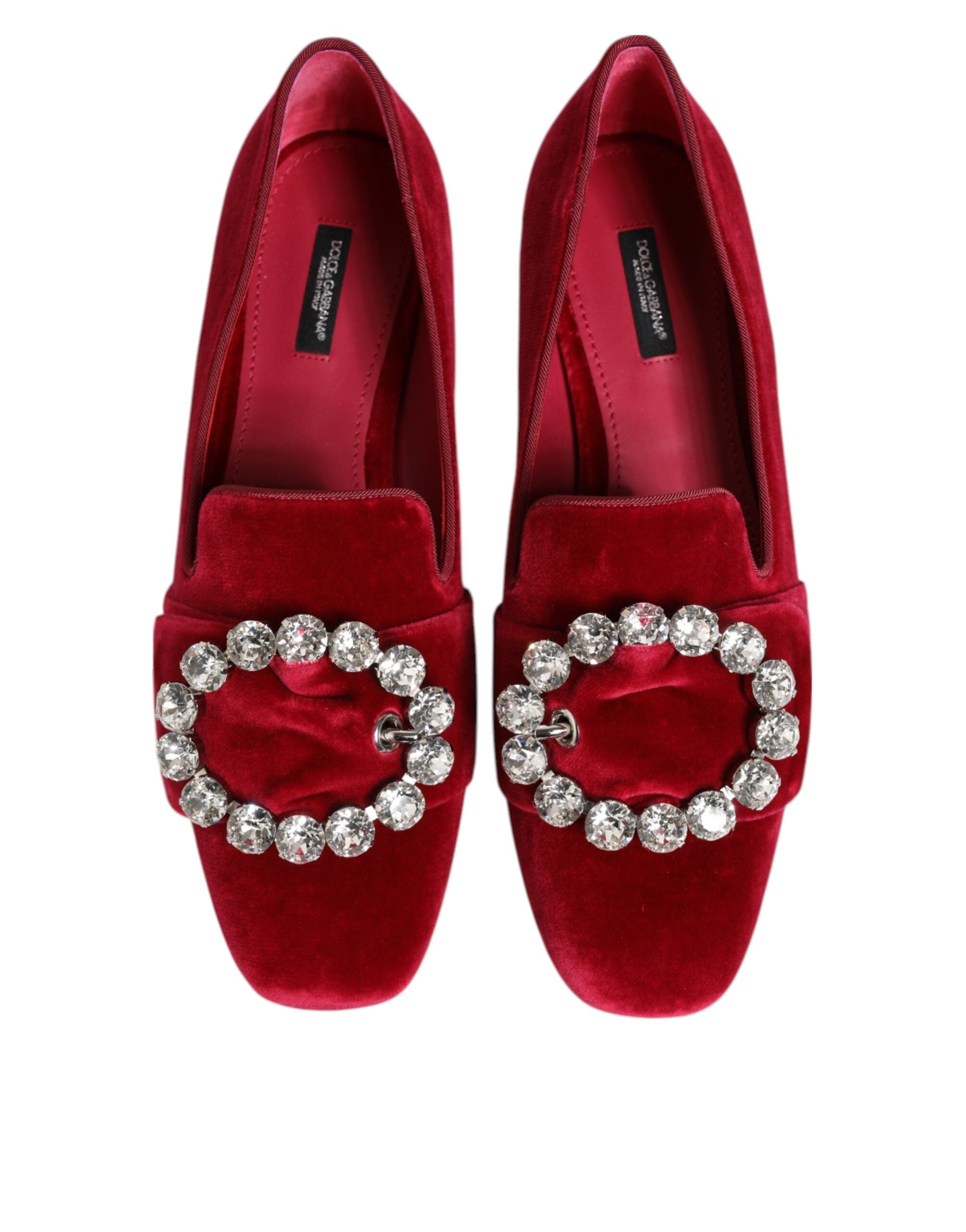 Dolce & Gabbana Dolce & Gabbana Red Velvet Crystal Buckle Loafers Flats Women's Shoes