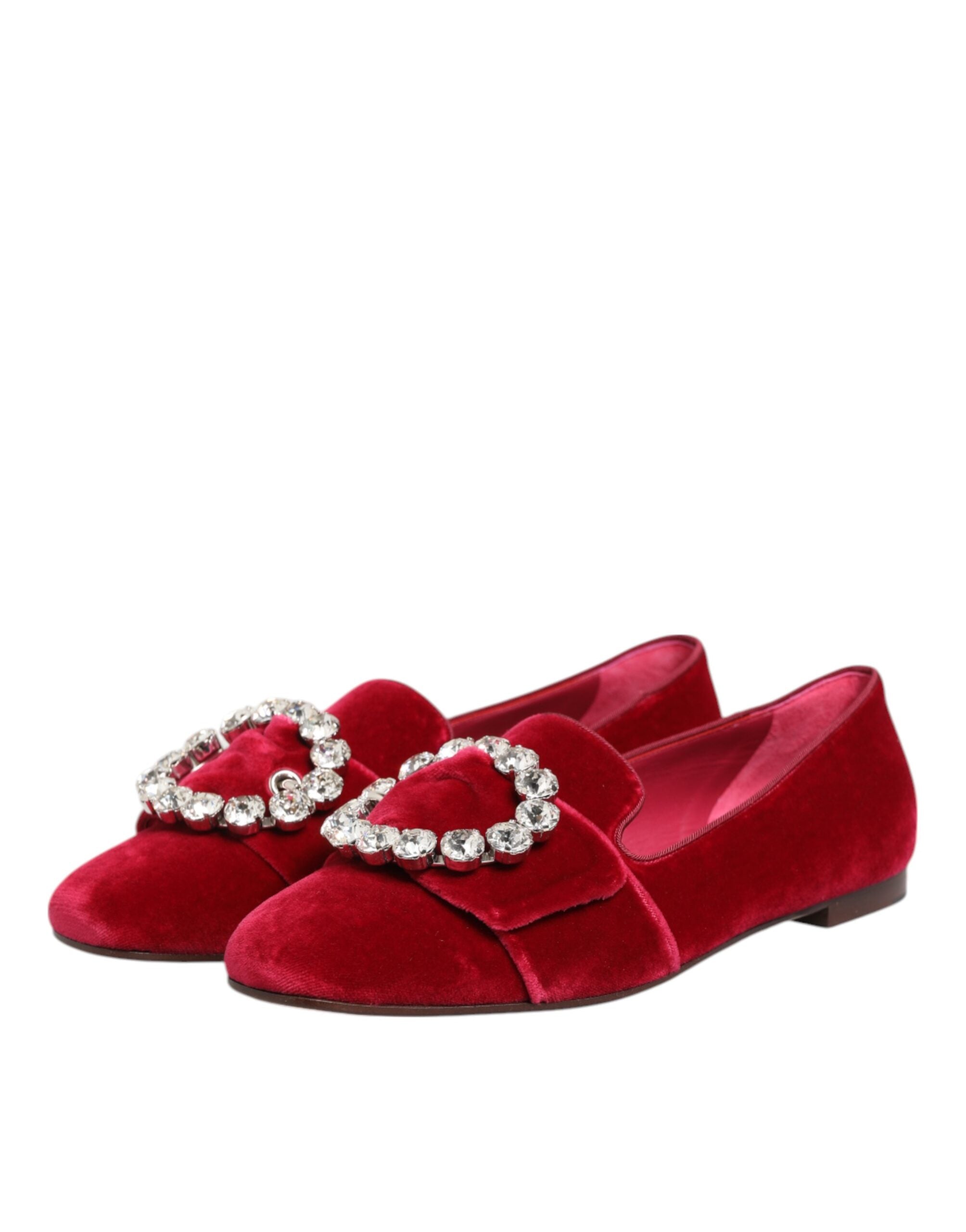 Dolce & Gabbana Dolce & Gabbana Red Velvet Crystal Buckle Loafers Flats Women's Shoes
