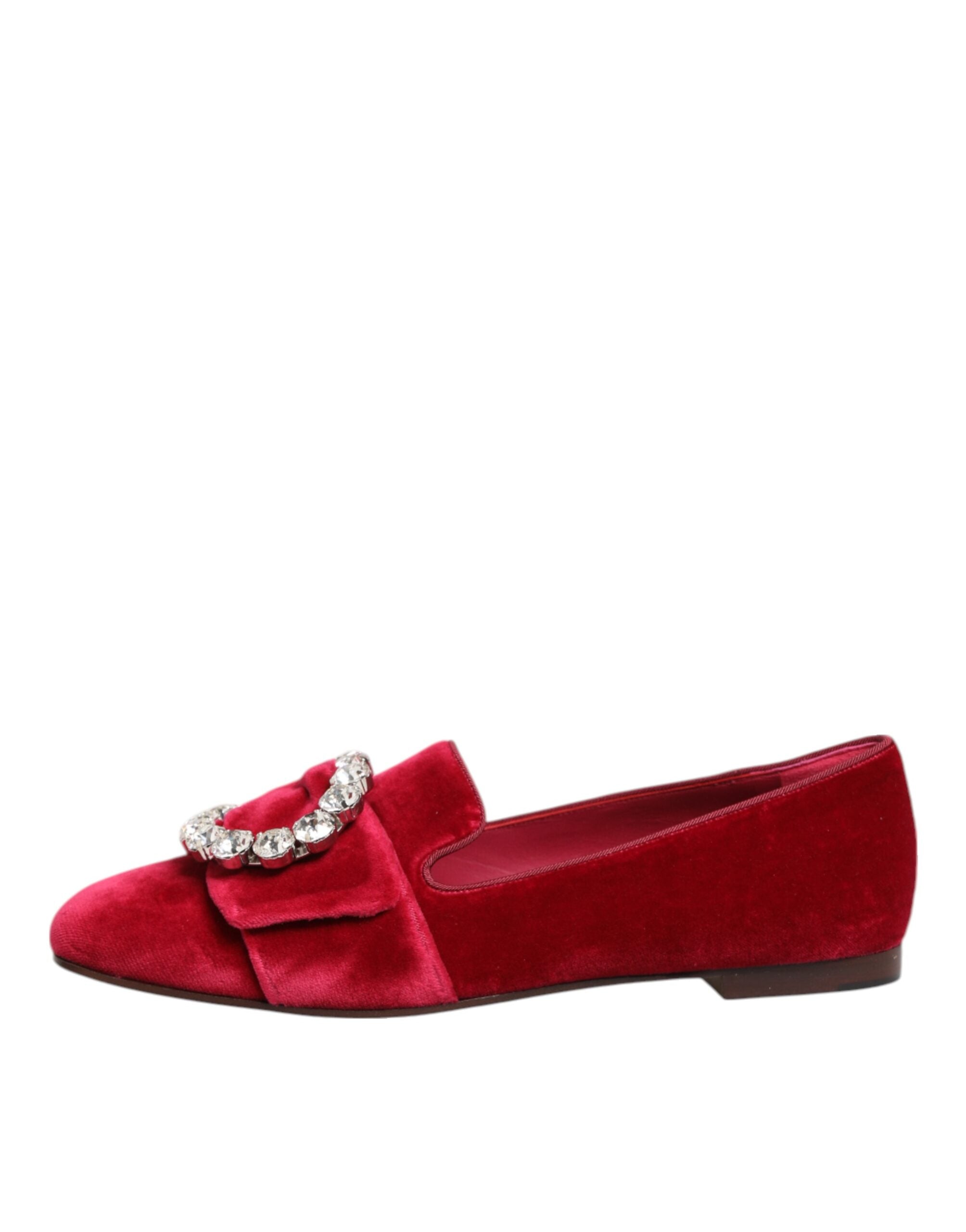 Dolce & Gabbana Dolce & Gabbana Red Velvet Crystal Buckle Loafers Flats Women's Shoes