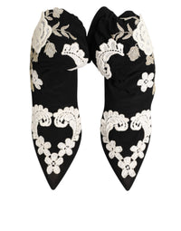 Dolce & Gabbana Black White Embroidered Jersey Stiletto Boots Women's Shoes