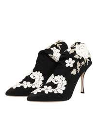 Dolce & Gabbana Black White Embroidered Jersey Stiletto Boots Women's Shoes
