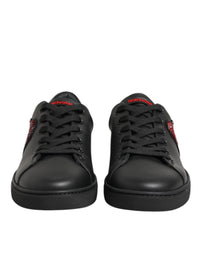 Dolce & Gabbana Black Leather Crystal Heart Low Top Sneakers Women's Shoes