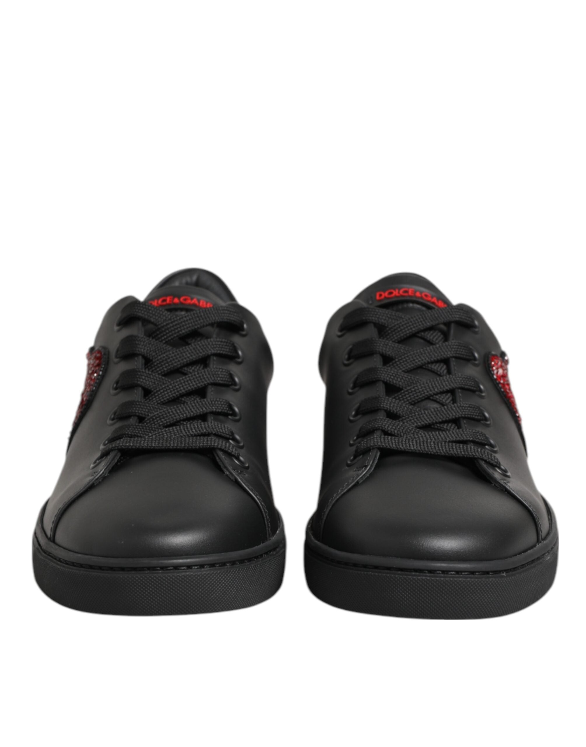 Dolce & Gabbana Black Leather Crystal Heart Low Top Sneakers Women's Shoes