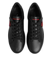 Dolce & Gabbana Black Leather Crystal Heart Low Top Sneakers Women's Shoes