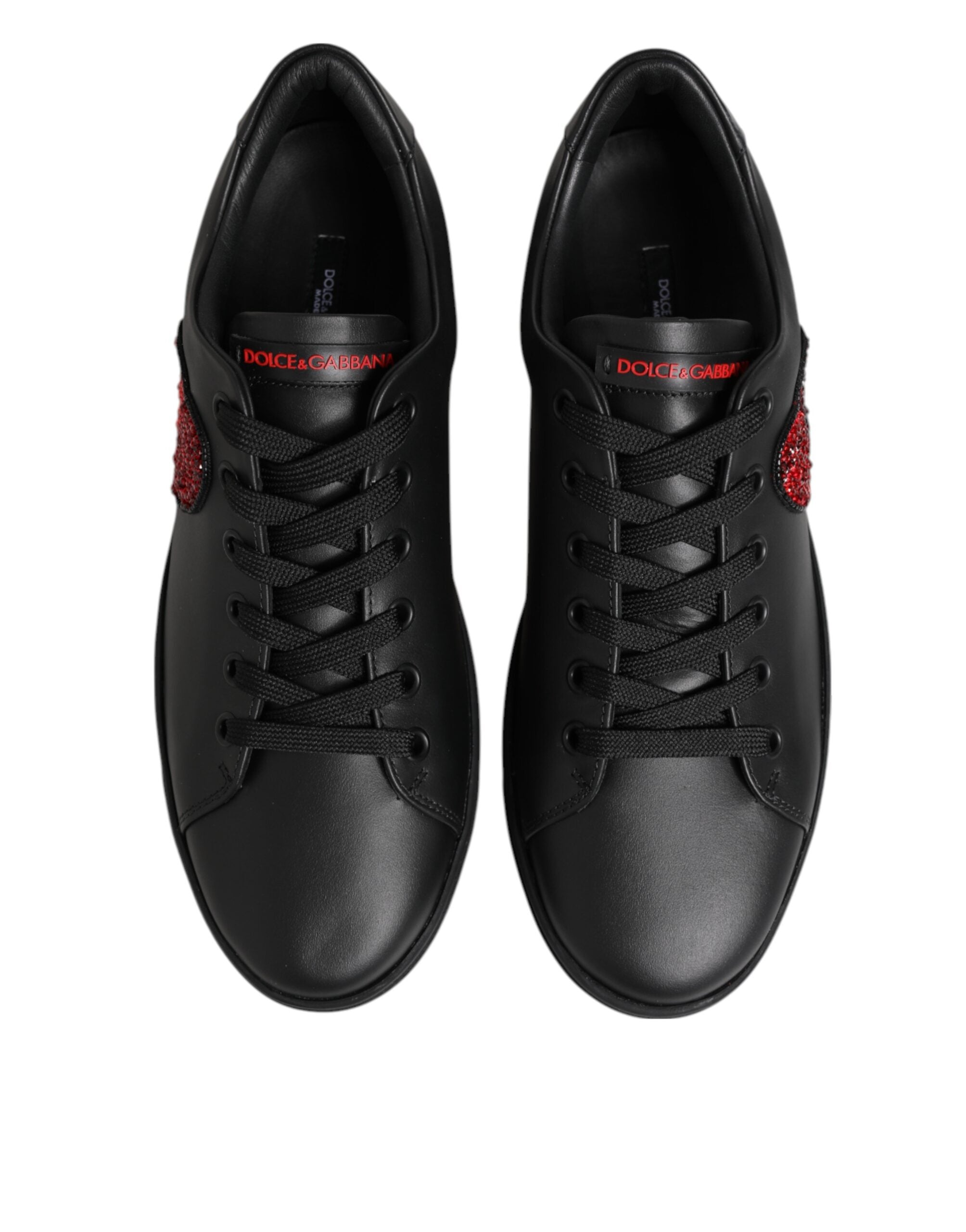 Dolce & Gabbana Black Leather Crystal Heart Low Top Sneakers Women's Shoes