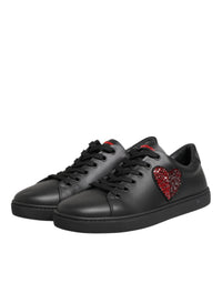 Dolce & Gabbana Black Leather Crystal Heart Low Top Sneakers Women's Shoes