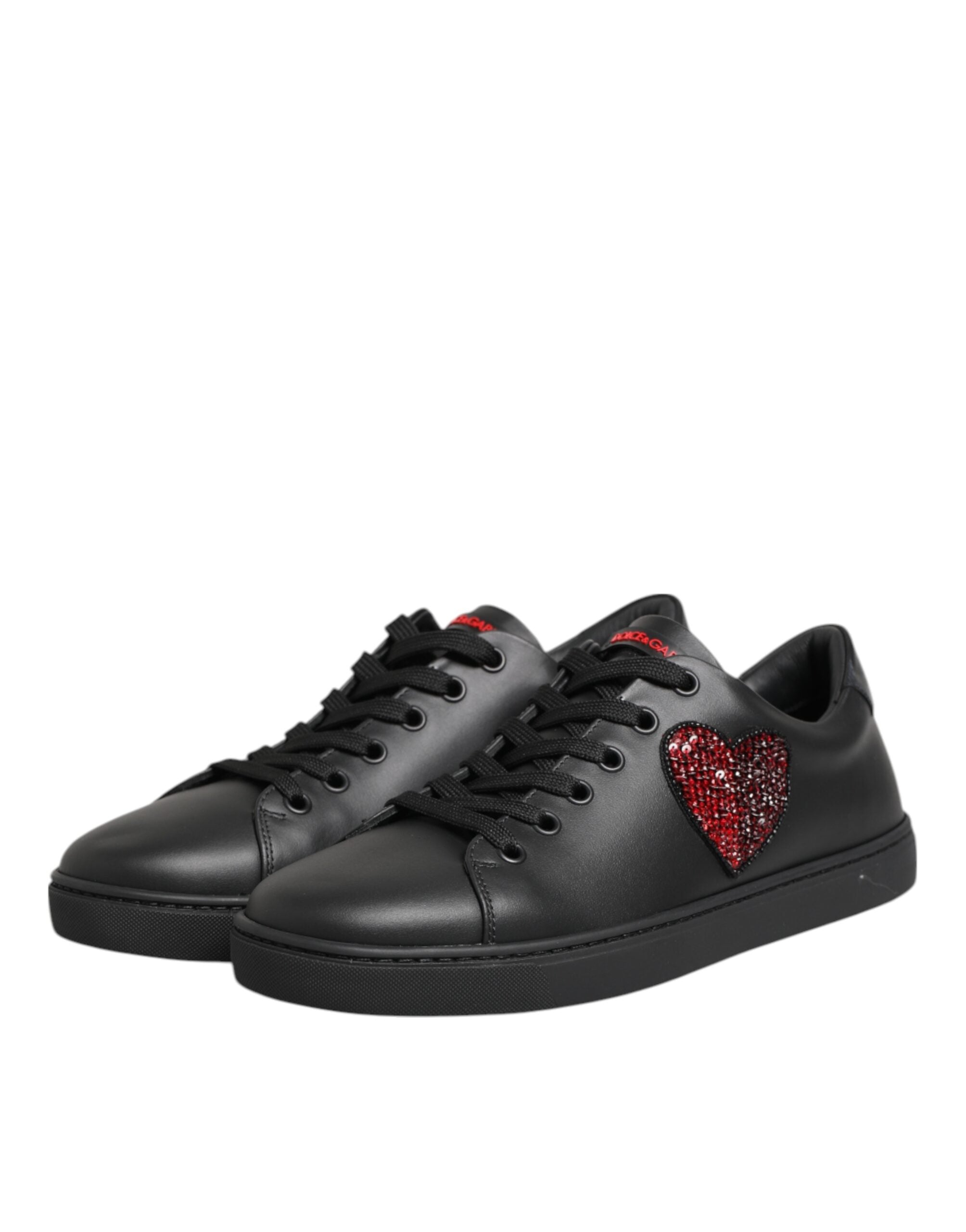Dolce & Gabbana Black Leather Crystal Heart Low Top Sneakers Women's Shoes