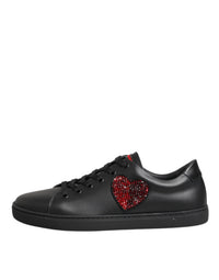 Dolce & Gabbana Black Leather Crystal Heart Low Top Sneakers Women's Shoes